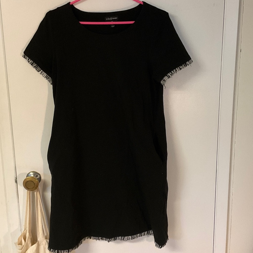 Tribal Femme Black Short Dress | Fringe Hem & Sleeve Detail | Small/P